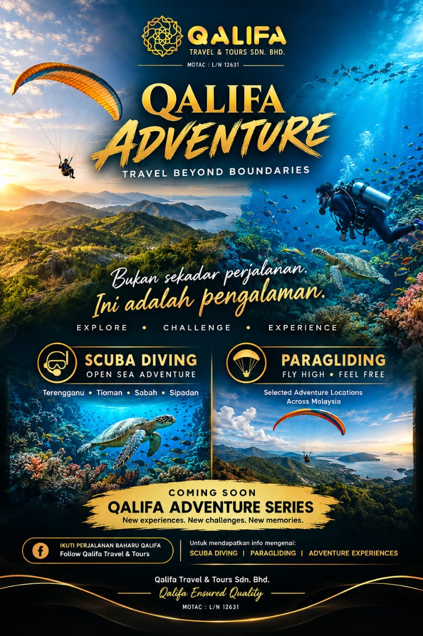 Poster Qalifa Adventure memaparkan aktiviti scuba diving dan paragliding di Malaysia